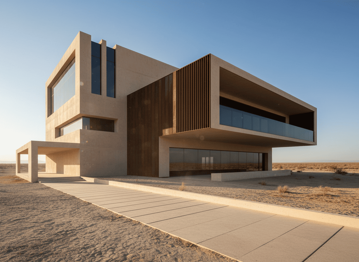 Zaha Hadid style architecture in Dust, desert with Sunny day, Sunny weather